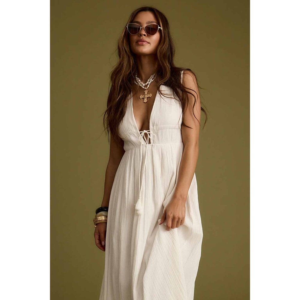 12th Tribe Turks Plunge White Gauze Maxi Dress Size MM